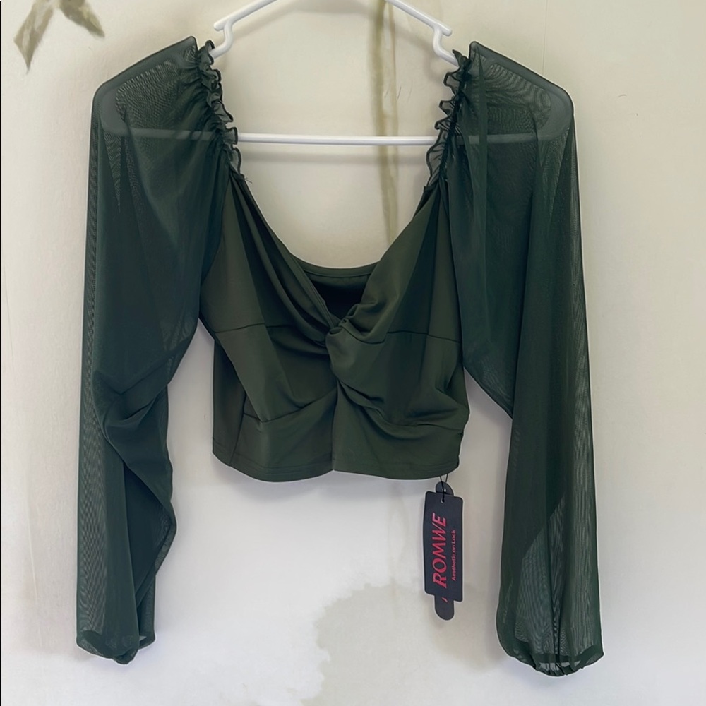 ROMWE Dark Green Sheer Sleeves Ruched Front Crop Top